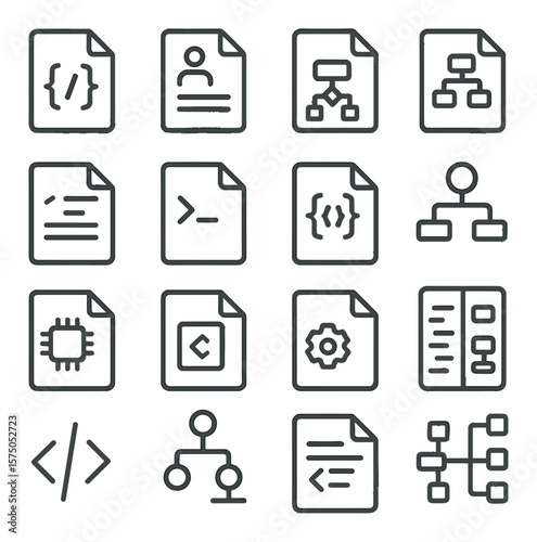 Technical Documentation line art icons. API doc, user manual, flowchart, architecture diagram, code comments, terminal output, JSON file, schema diagram, tech specs sheet, readme
