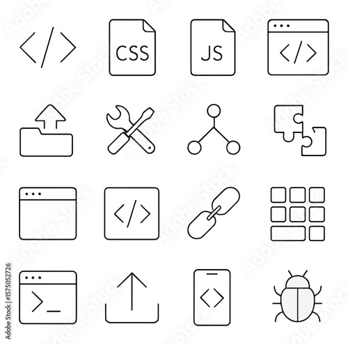 Website Development Tools line art icons. HTML tag, CSS file, JS icon, code editor window, FTP icon, dev tools icon, version control symbol, API integration, browser preview, code