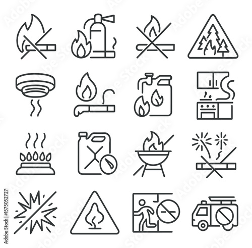 Fire safety and hazard prevention line art icons. flame icon with cigarette crossed, fire extinguisher near cigarette, matchstick crossed out, forest fire danger sign, smoke alarm