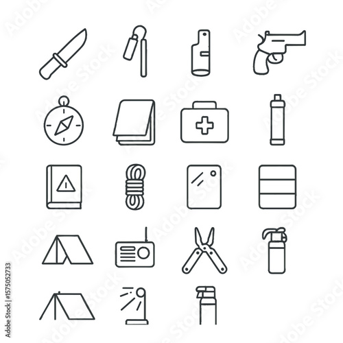 Survival Tools line art icons. Knife, fire starter, whistle, flare gun, compass, emergency blanket, first aid kit, portable filter, survival manual, paracord, signal mirror,