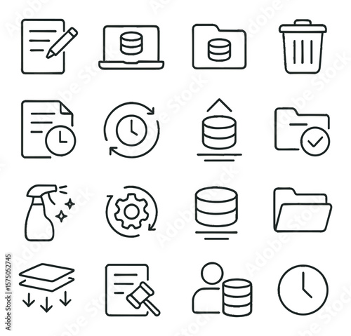 Data Lifecycle Management line art icons. Data creation, data use, data archive, data delete, retention policy, lifecycle clock, data aging, compliance folder, cleanup icon,