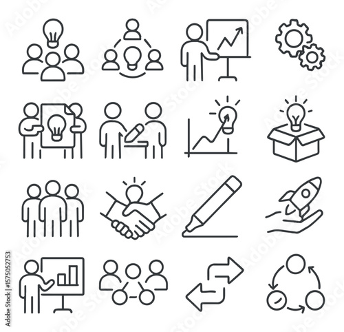 Innovation Together line art icons. Group idea bulb, innovation hub, brainstorming board, innovation gears, shared sketch, product co-design, breakthrough graph, open idea box,