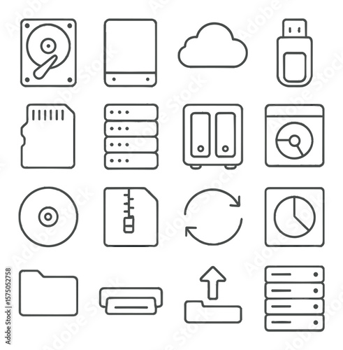Digital Storage line art icons. Hard disk, solid state drive, cloud storage, USB stick, SD card, RAID array, network attached storage, tape backup, CD/DVD disc, file archive, data