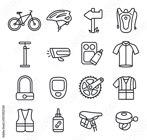 Cycling Adventure line art icons. Mountain bike, bike helmet, trail sign, water pack, pump, bike light, tire patch kit, cycling gloves, bike lock, speedometer, gear set, cycling