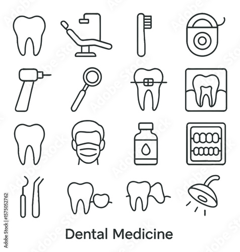 Dental Medicine line art icons. Tooth icon, dental chair, toothbrush, toothpaste, floss, dental drill, mouth mirror, braces icon, cavity chart, molar tooth, dentist mask, fluoride