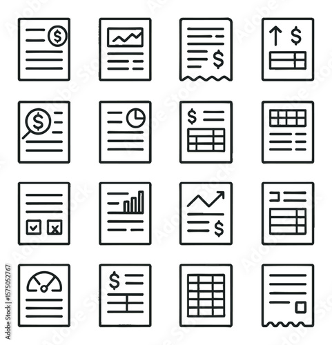 Financial & Accounting Papers line art icons. Tax return form, income statement, receipt paper, cash flow sheet, financial audit, expense form, payroll stub, billing invoice,