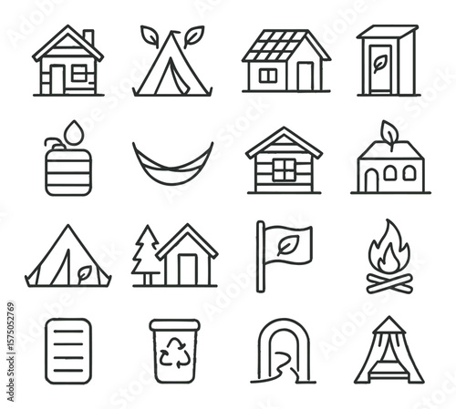 Eco-lodging and Campsites line art icons. Eco-cabin, tent with leaves, solar panel roof, compost toilet, rainwater tank, hammock, wooden bungalow, eco-resort, green tent icon,