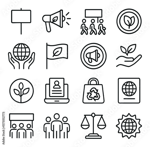 Environmental Activism line art icons. Protest sign, megaphone with leaf, climate march icon, eco badge, hands holding globe, activist flag, campaign icon, donation hand, green