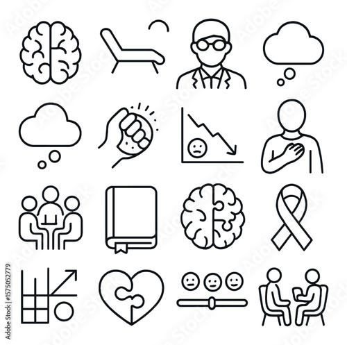 Mental Health & Psychology line art icons. Brain icon, therapy chair, psychologist icon, speech bubble, thought cloud, stress ball, depression chart, self-care icon, support group,