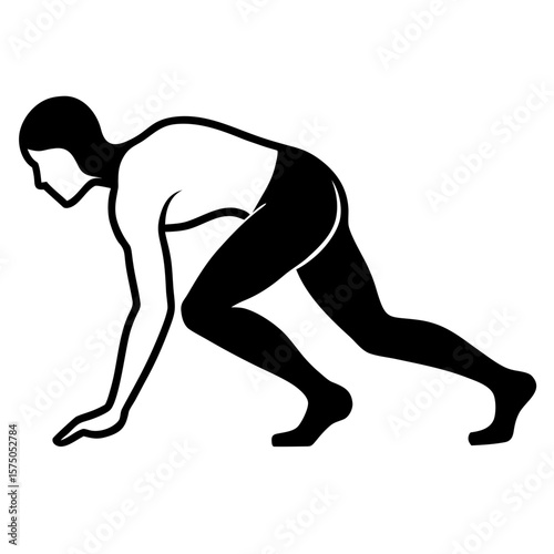 Runner in starting position black and white silhouette vector illustration