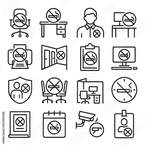 Workplace no smoking line art icons. office chair crossed with cigarette, desk with smoke ban icon, employee with no smoking badge, break room ban symbol, printer with no smoking
