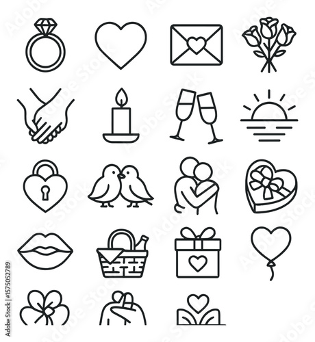 Romantic Gestures line art icons. Engagement ring, heart icon, love letter, rose bouquet, holding hands, candlelight, champagne glasses, sunset view, heart lock, lovebirds, embrace