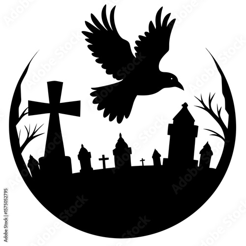 Raven flying over graveyard scene silhouette vector illustration