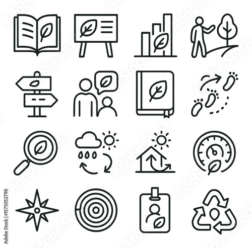 Eco-Education and Learning line art icons. Nature guidebook, eco-info board, leaf chart, educational hike, eco-signage, guided talk icon, field journal, footprint path, magnifying