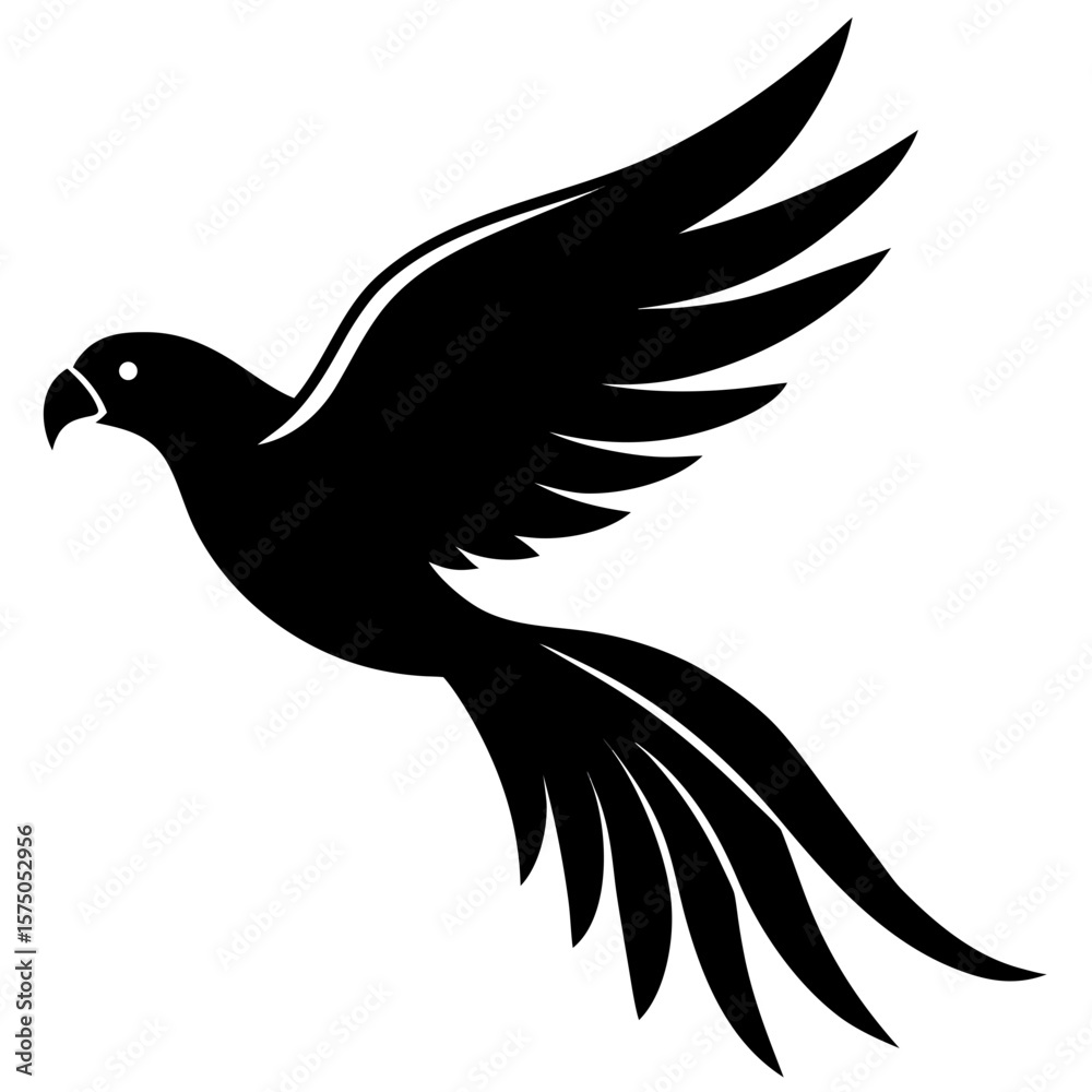 Fototapeta premium Elegant flying bird with long tail feathers silhouette vector illustration