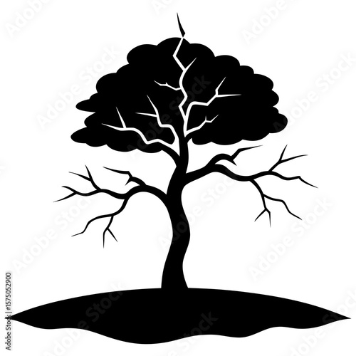 Bare deciduous tree with branches on hill silhouette vector illustration