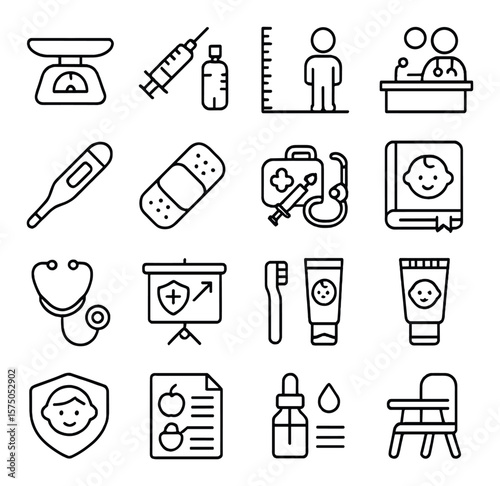 Pediatric Healthcare line art icons. Baby scale, child vaccine icon, growth chart, pediatrician desk, baby thermometer, kid bandage, toy doctor set, children’s health book, child