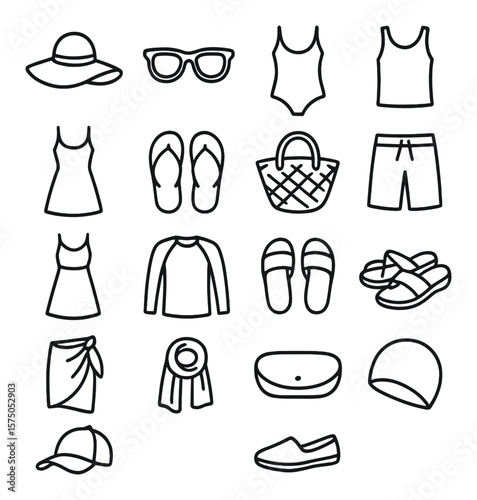 Summer Clothing line art icons. Sunhat, sunglasses, swimsuit, tank top, beach dress, flip-flops, straw bag, board shorts, sarong, rash guard, beach sandals, summer shoes, cap icon,