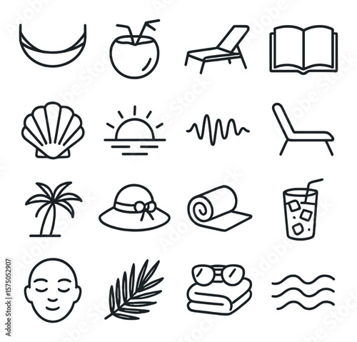 Relaxation & Leisure line art icons. Hammock, coconut drink, sunbed, open book, shell icon, sunset view, wave sound icon, lounge chair, tropical breeze icon, vacation hat, spa