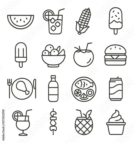 Summer Food & Drinks line art icons. Watermelon slice, lemonade glass, grilled corn, ice cream bar, popsicle, fruit salad, coconut water, burger icon, picnic plate, juice bottle,