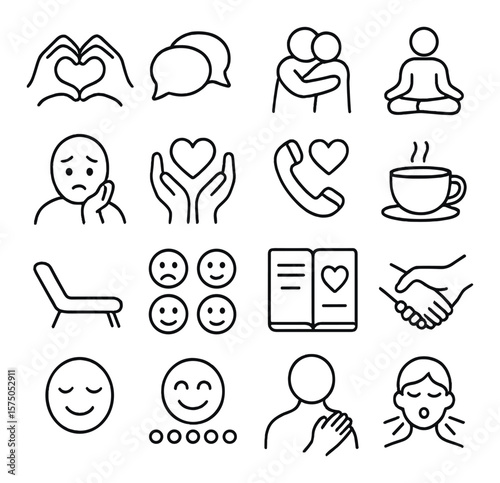 Emotional Support line art icons. Heart hands, talking bubble, supportive hug, mindfulness icon, sad face with hand, empathy symbol, help hotline, calming tea, therapy couch,