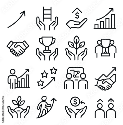 Mutual Growth line art icons. Upward arrow, shared ladder, profit growth icon, business success chart, cooperative hand, shared trophy, growing tree icon, joint reward, upward