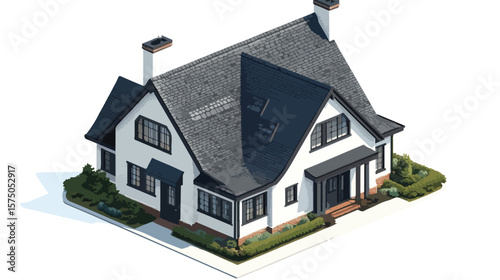 Isometric Suburban Home with Black Gable Roof