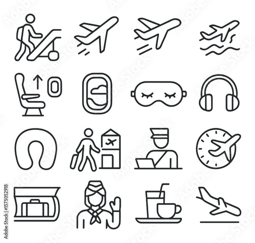 Passenger experience line art icons. boarding, takeoff, inflight meal, turbulence, seat adjustment, window view, sleeping mask, headphones, travel pillow, arrival, customs check,