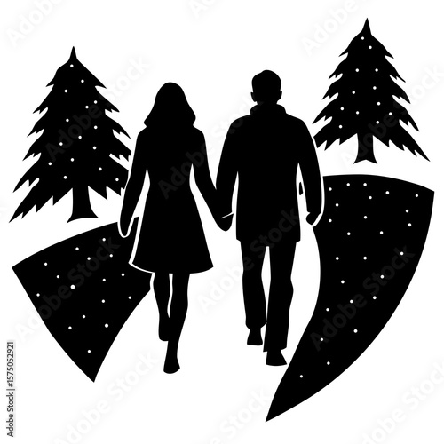 Couple walking between christmas trees silhouette vector illustration
