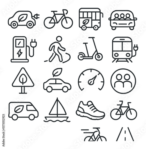 Eco Transportation line art icons. Electric car, bicycle, bus with leaf, carpool icon, charging station, pedestrian path, electric scooter, train with plug, eco road sign, hybrid