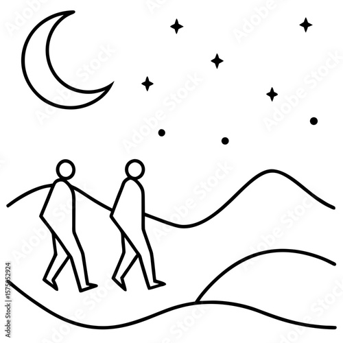 People walking under the moon and stars silhouette vector illustration