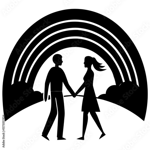 Couple walking under rainbow silhouette vector illustration