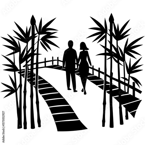 Couple walking on bridge with bamboo trees silhouette vector illustration