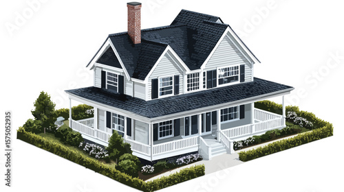 Isometric Suburban Home with Black Gable Roof