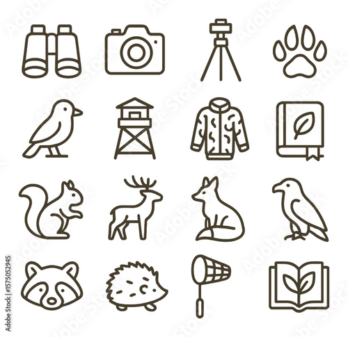 Wildlife Watching line art icons. Binoculars, camera, tripod, animal footprint, bird icon, observation tower, camo outfit, field notebook, squirrel, deer, fox, eagle, raccoon,