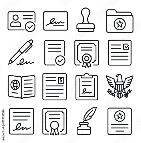 Government Documents line art icons. ID approval, signature box, official stamp, government folder, pen with flag, verification paper, legal seal, registry form, passport doc, tax