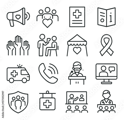 Public health awareness line art icons. megaphone with heart, community outreach, health poster, info brochure, hand-raising crowd, public screening, health fair tent, awareness