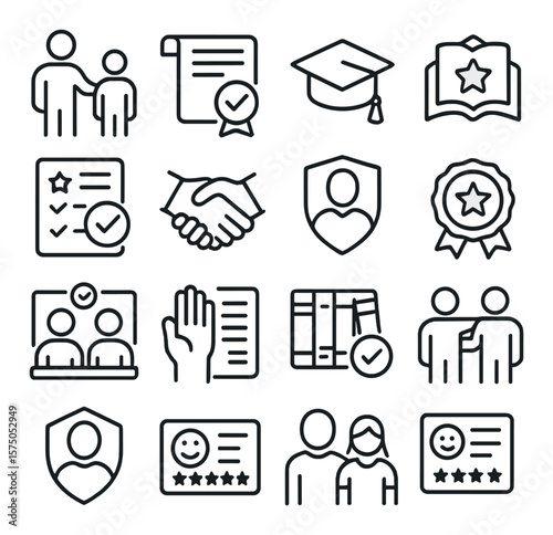 Trust in Education line art icons. Teacher with student, certified diploma, graduation cap, open book with star, honest grade icon, learning contract, trusted mentor, education