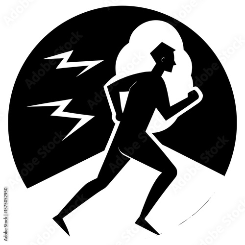 Running man with lightning in dark circle silhouette vector illustration