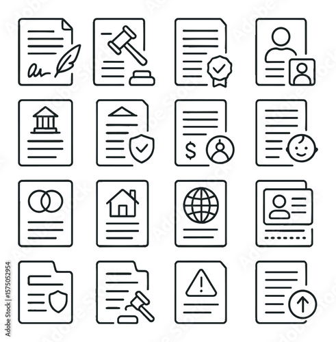 Legal Documents line art icons. will, court order, affidavit, identity proof, government form, power of attorney, tax form, birth certificate, marriage license, property deed, visa