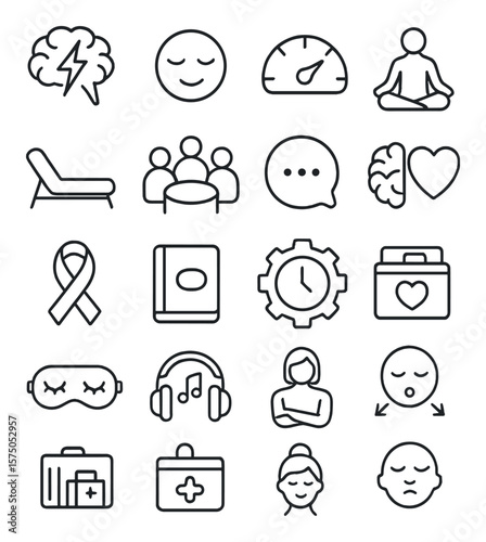 Mental health awareness line art icons. brain with lightning bolt, calm face, stress meter, meditation pose, therapy couch, support group, thought bubble, heart and brain, mental