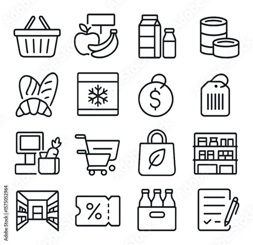 Grocery shopping line art icons. shopping basket, fruit section, dairy products, canned food, bakery items, frozen section, price sticker, barcode label, self-checkout, trolleys,