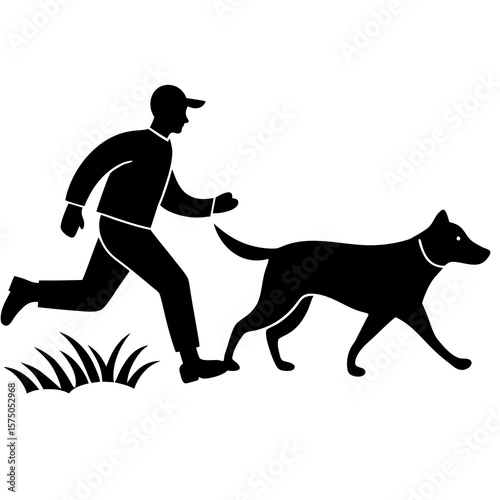 Man running with dog and grass silhouette vector illustration