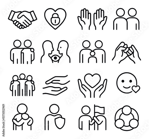 Trust and Relationships line art icons. Handshake, heart with lock, open hands, couple icon, linked arms, eye contact, family bond, pinky promise, friendship circle, supporting