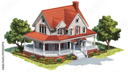 Modern Isometric Suburban Home with Red Gable Roof