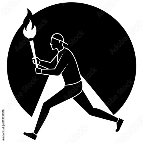 Runner carrying olympic torch black and white silhouette vector illustration