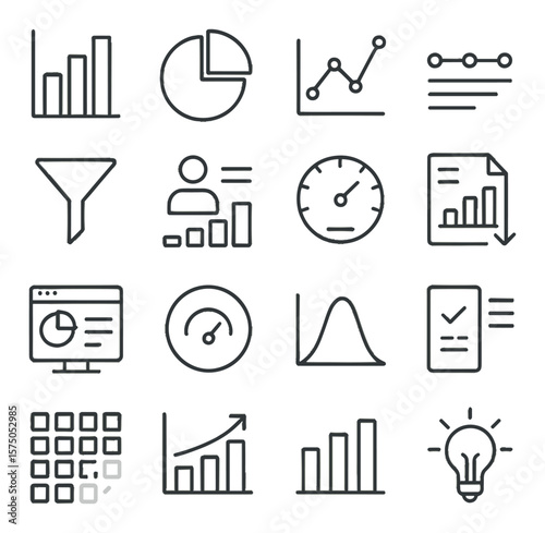 Survey Data Analytics line art icons. Bar graph, pie chart, line graph, response timeline, filter options, demographic breakdown, score analysis, export report, dashboard interface