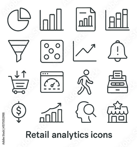 Retail analytics line art icons. pie chart, bar graph, sales report, inventory chart, conversion funnel, heatmap icon, trend line, stock alert, purchase behavior icon, KPI