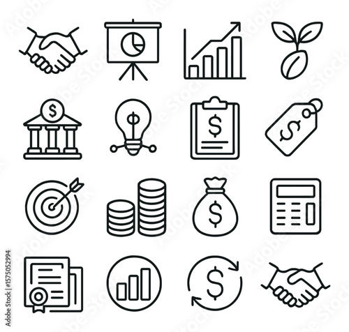 Startup Funding line art icons. Investor handshake, pitch deck, funding chart, seed icon, venture capital, crowdfunding icon, financial document, valuation tag, fundraising goal,