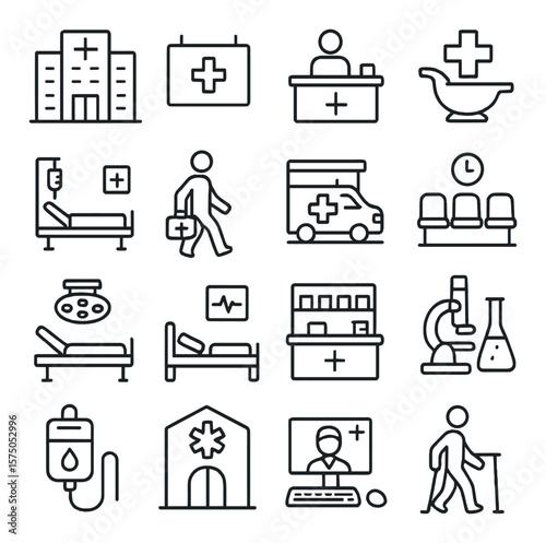 Healthcare Facilities line art icons. Hospital building, clinic sign, reception desk, pharmacy symbol, medical room, outpatient icon, ambulance bay, waiting area, surgical unit,